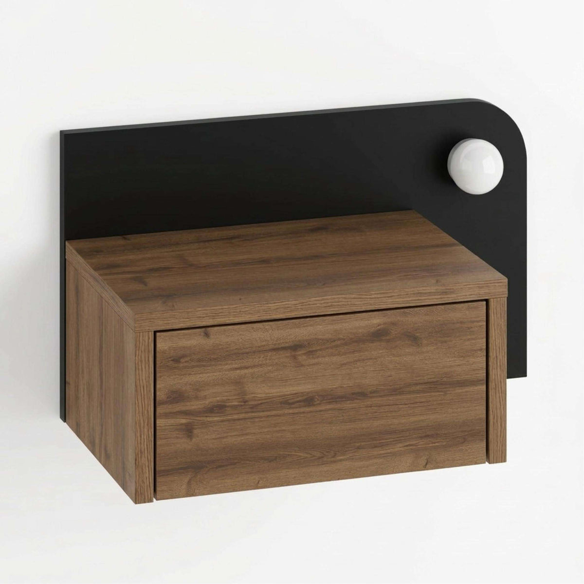 Wall-mounted floating bedside table with wood drawer, dark back panel, rounded side pull