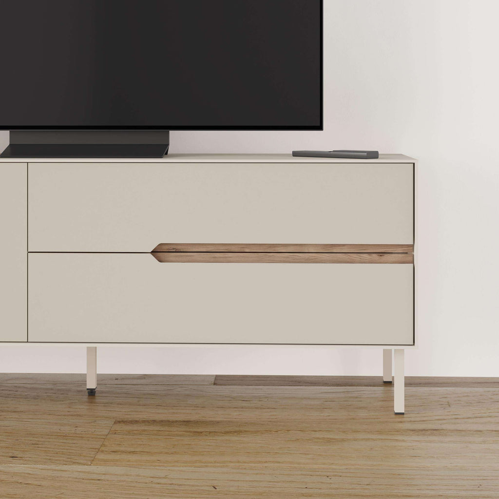 Modern TV console front with light sand doors and drawer, natural oak pull handle
