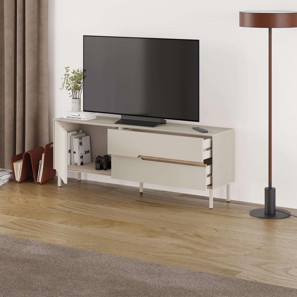 Modern TV unit with light sand cabinet, natural oak top shelf, open media compartments, legs