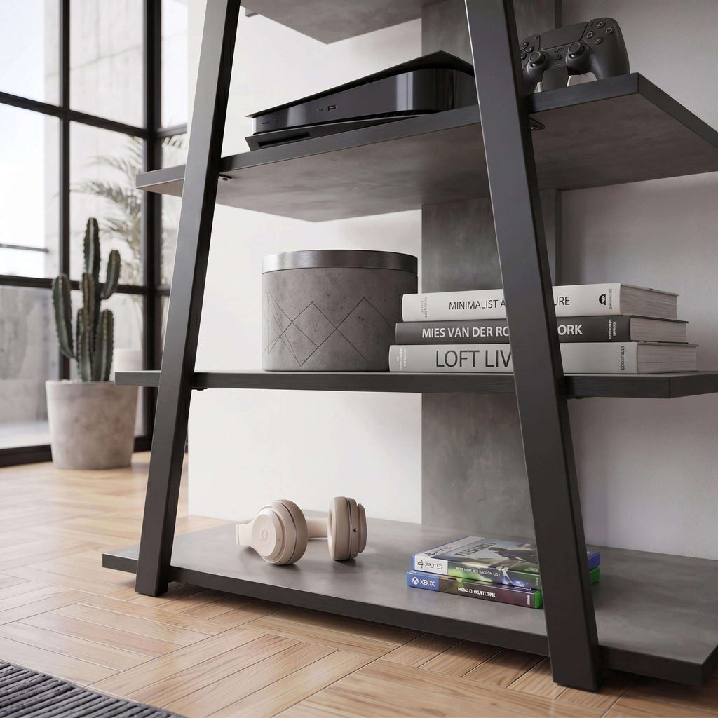 Angled mini TV unit with open shelves in dark gray, with books and decor