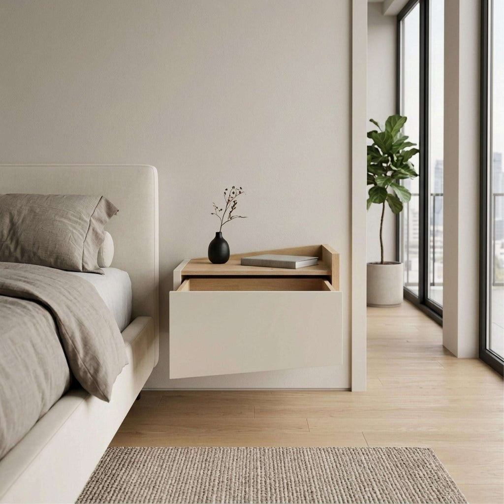 Floating bedside table with drawer and top shelf, white body with oak top