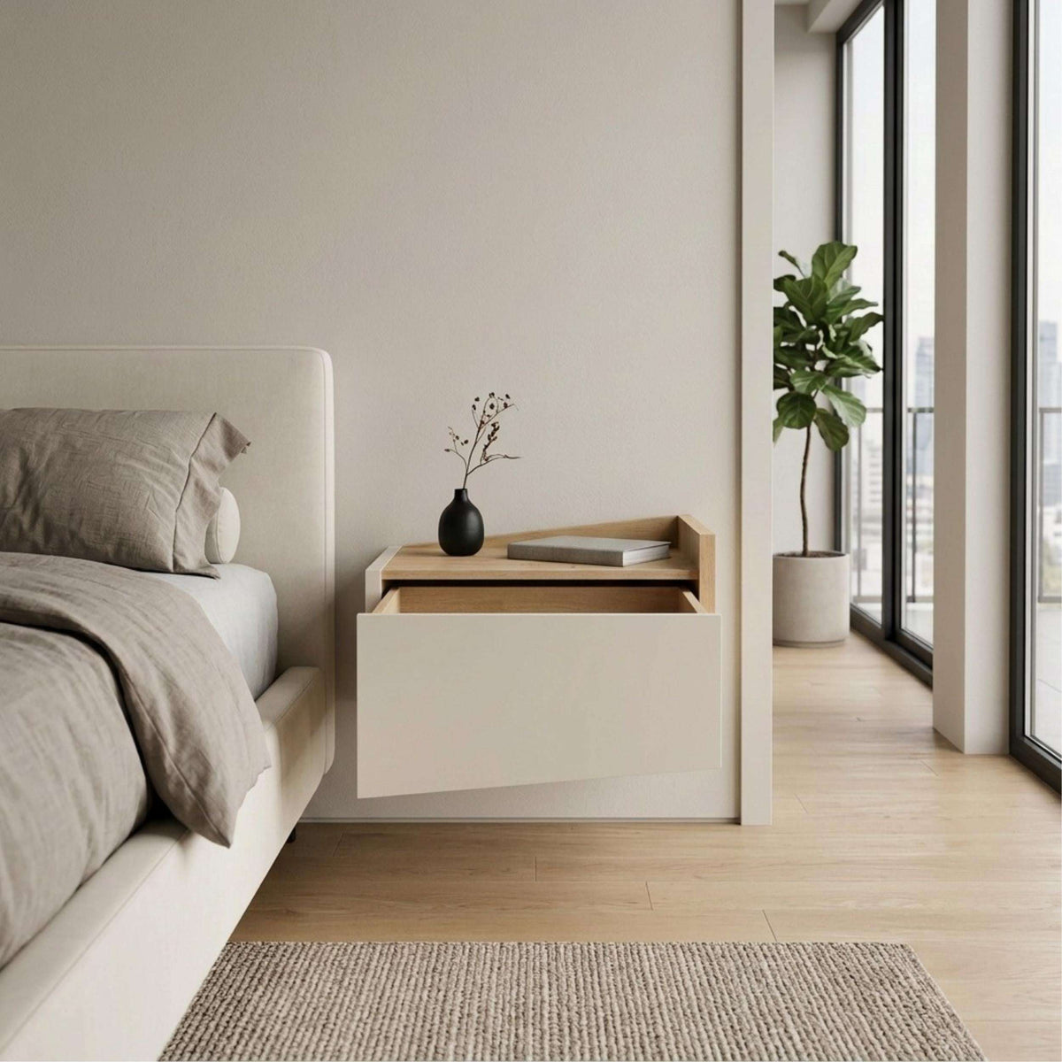 Floating bedside table with drawer and top shelf, white body with oak top