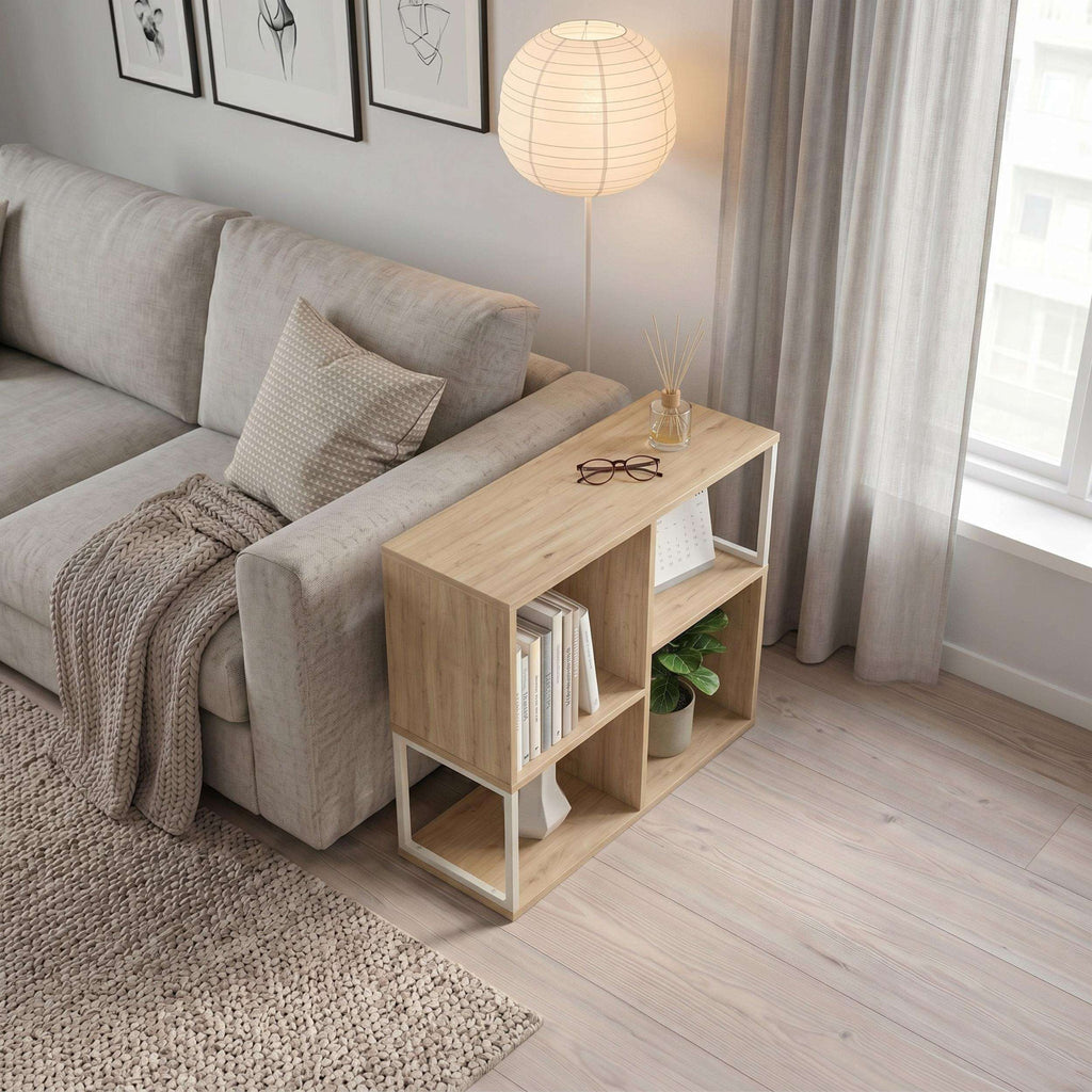 Light wood mini bookcase side table with open shelves and lower cubby