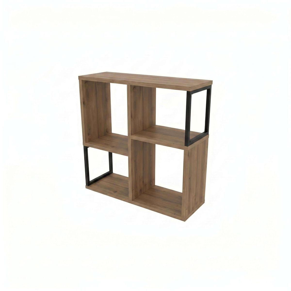 Dark oak mini bookcase side table with open cubbies and black metal frame