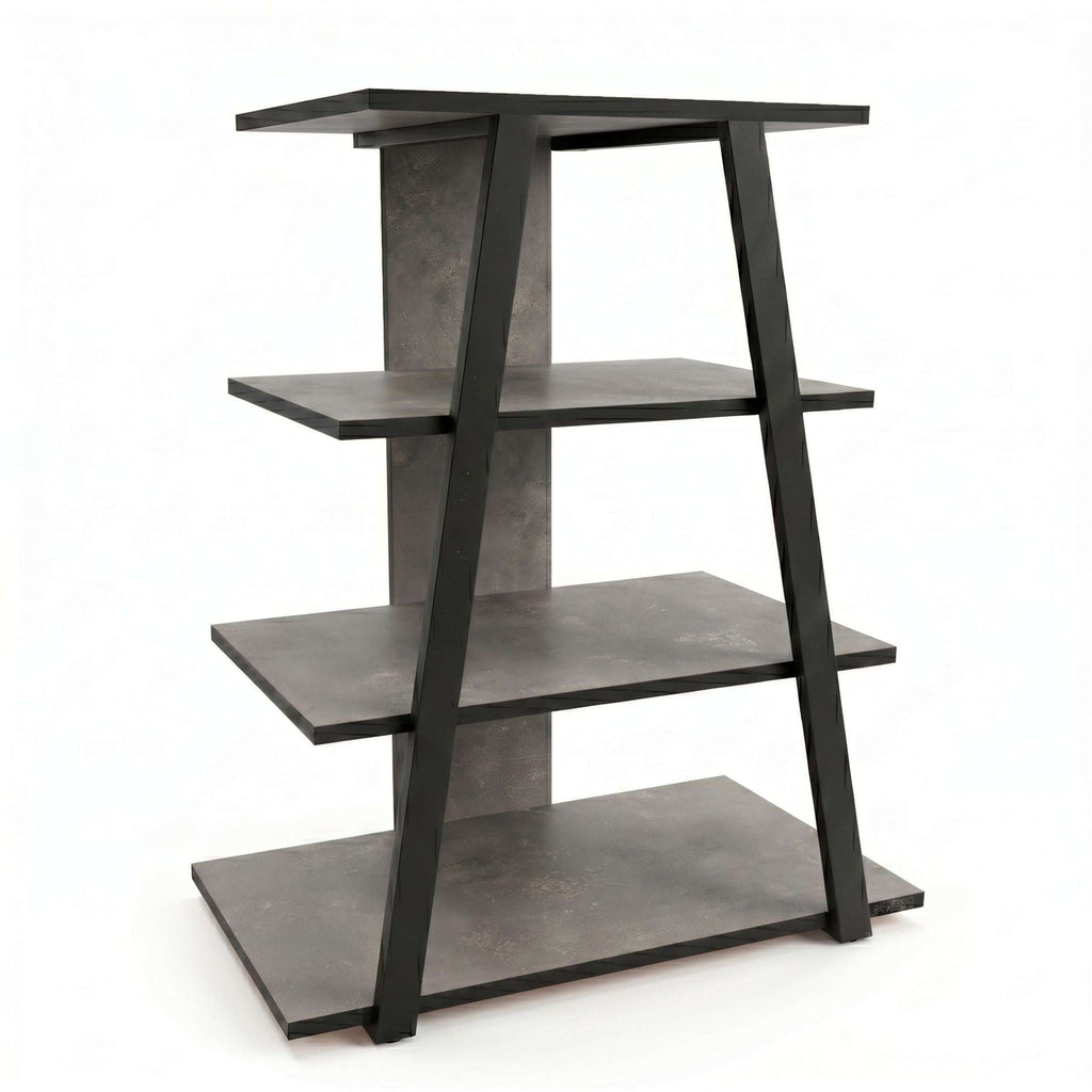 Angled mini TV entertainment unit with open shelves, dark gray and black finish