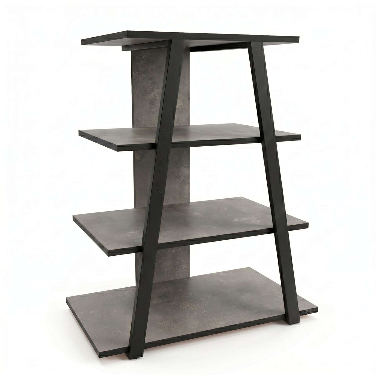 Angled mini TV entertainment unit with open shelves, dark gray and black finish