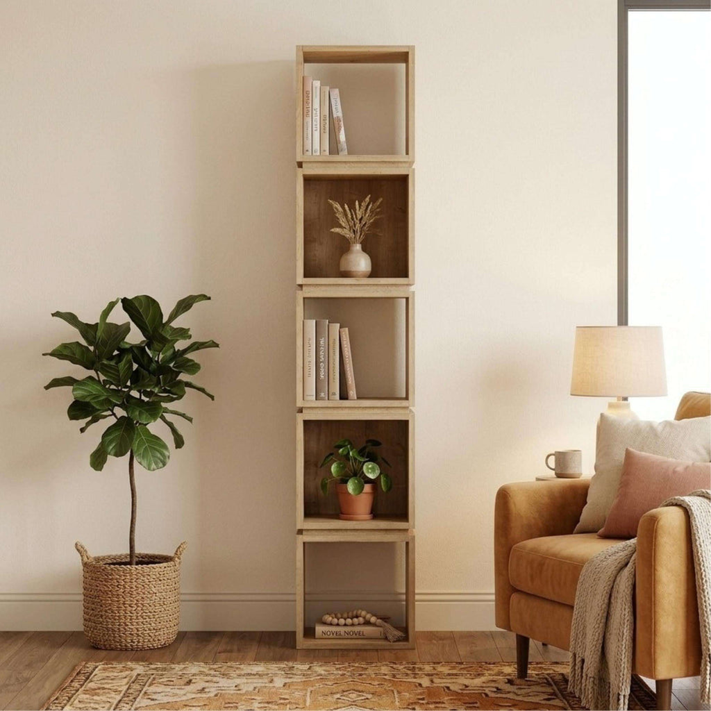 Tall bookcase display unit with light wood frame and open cubby shelves