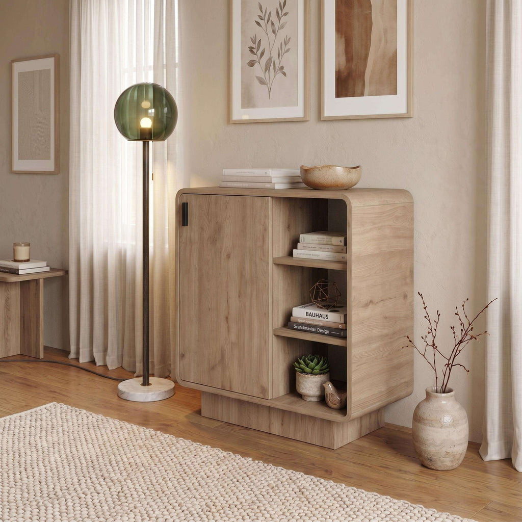 Natural oak sideboard cabinet with rounded top edge and open shelf section