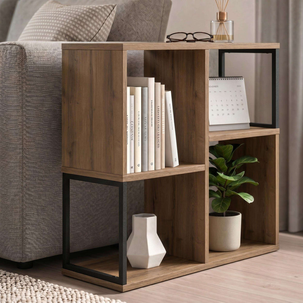 Mini bookcase side table with open shelves, wood frame, and black metal base