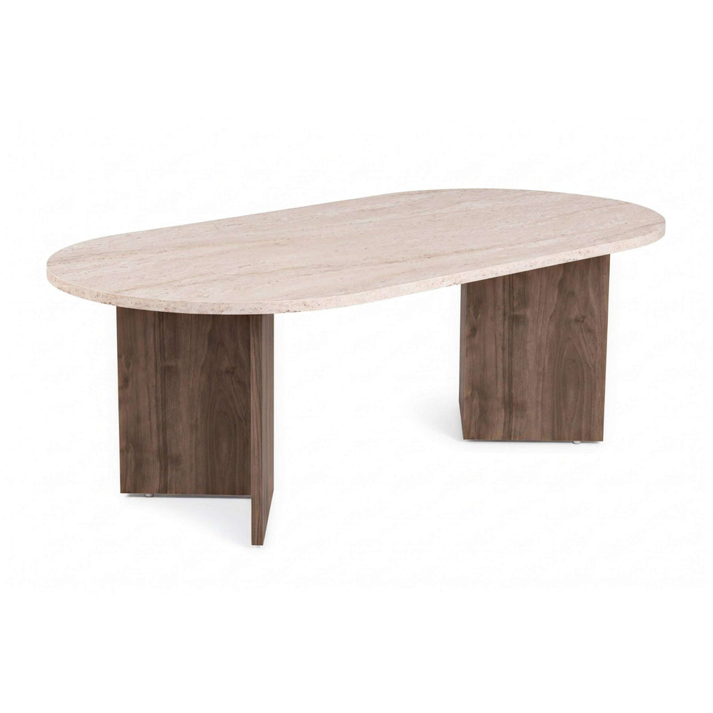Oval coffee table in light travertine tone, rounded top with two legs