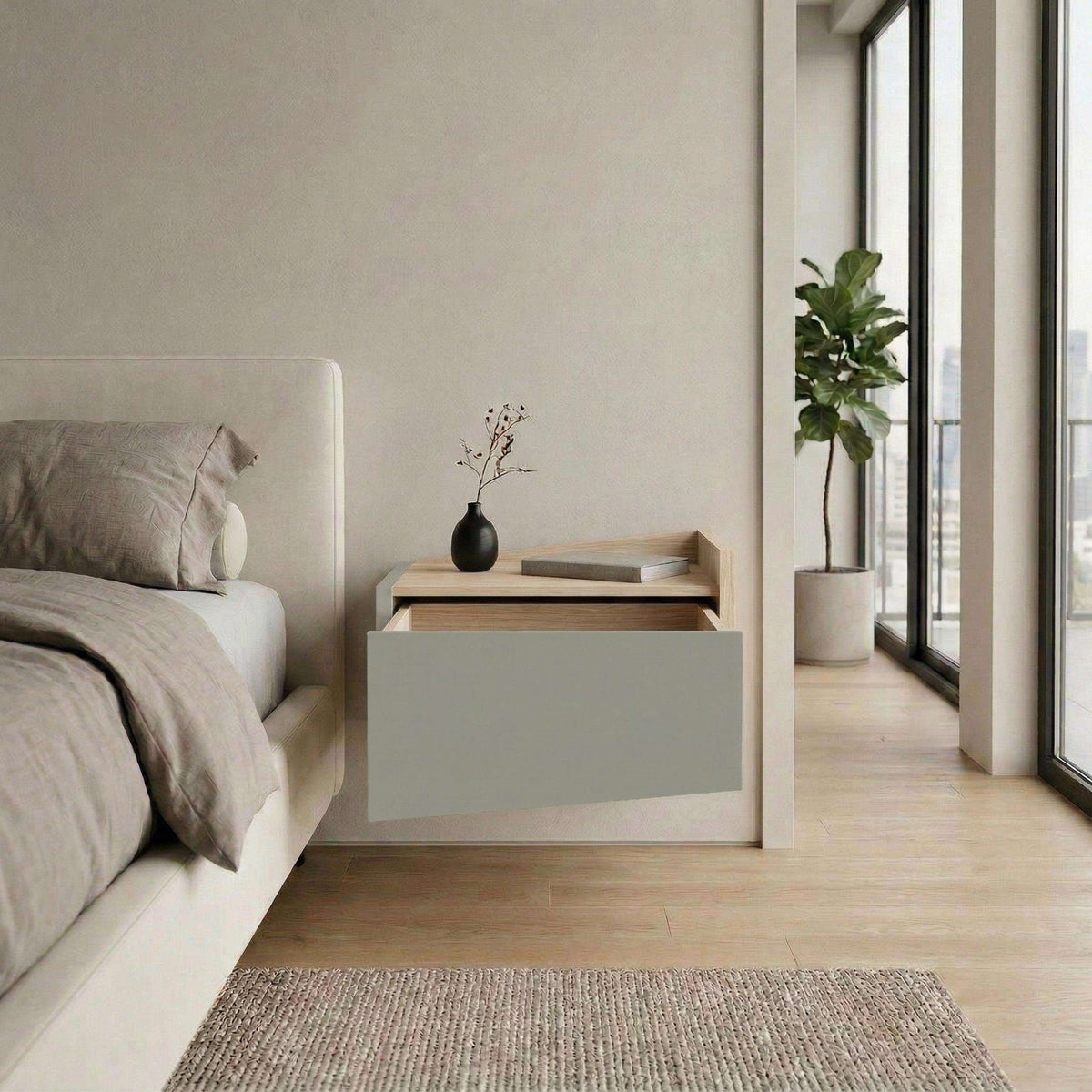 Right-side floating bedside table with drawer and top shelf in ash green.