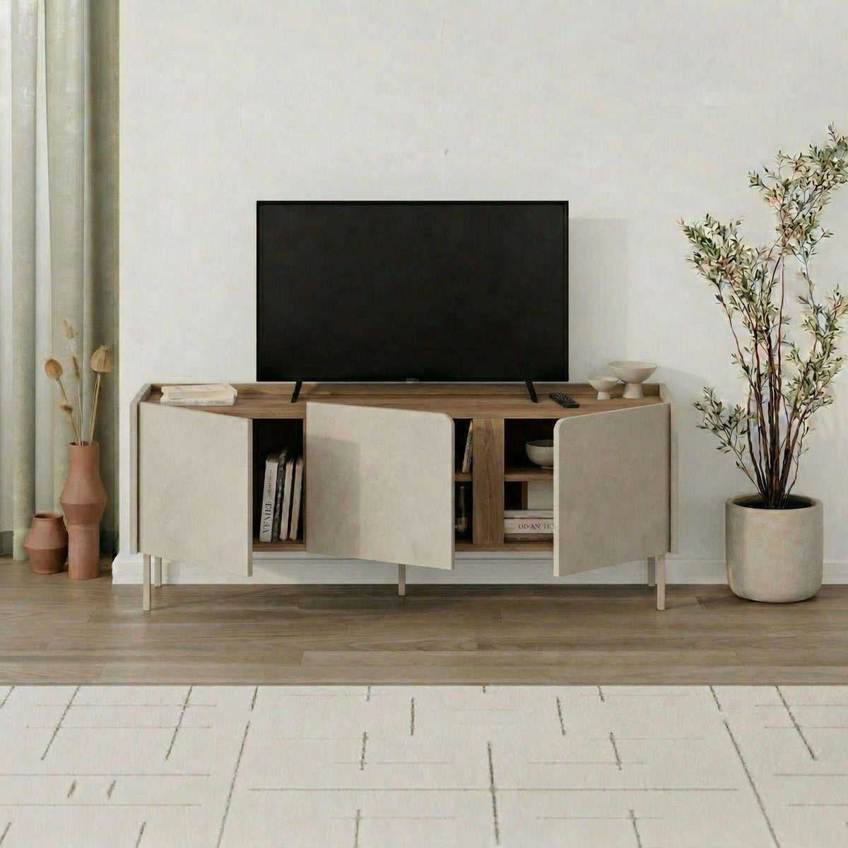 TV console with 3 doors in sand-colored panels and natural oak base detailing