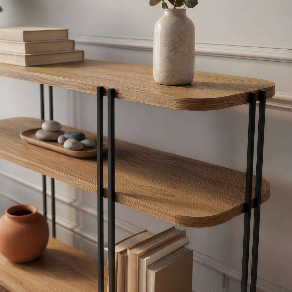 Wood console table with two shelves and dark metal frame