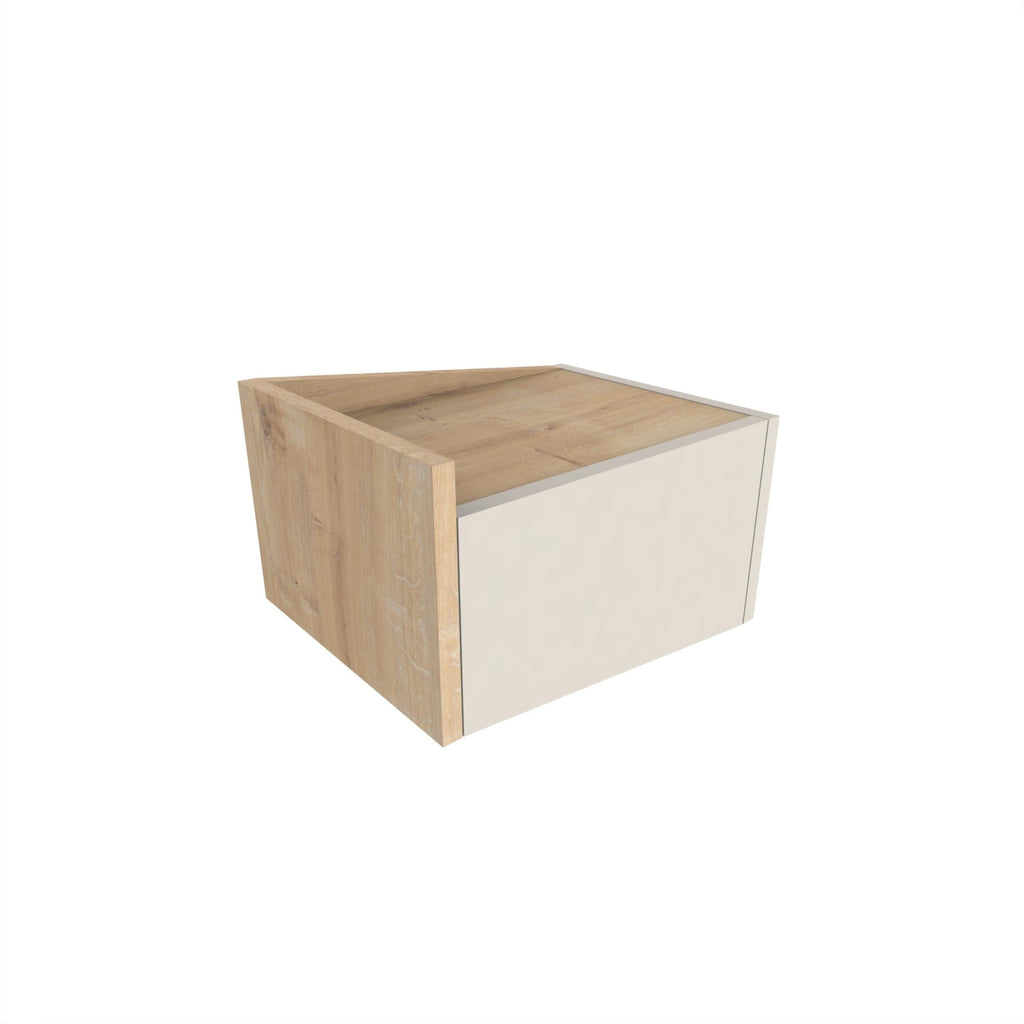 Floating bedside table with drawer and open top shelf, oak side panels and light wood top