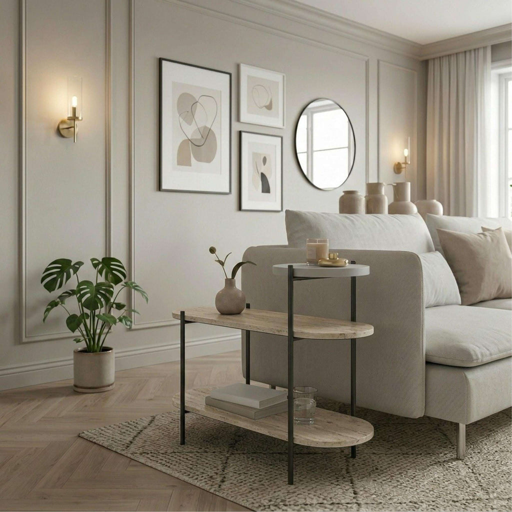 Somo 3-tier display side table with black frame and stacked round glass shelves
