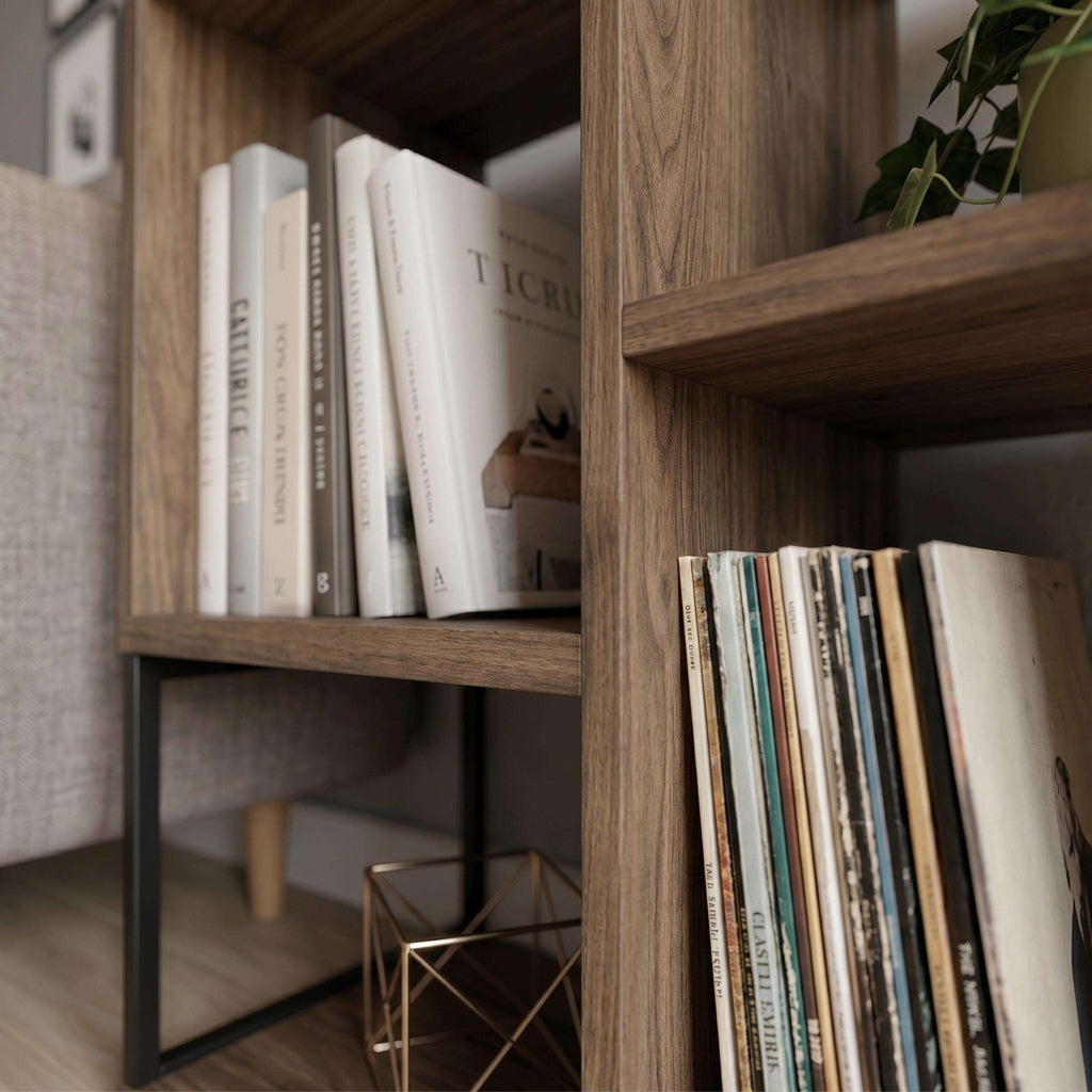 Dark oak bookcase side table with open shelves and black metal frame