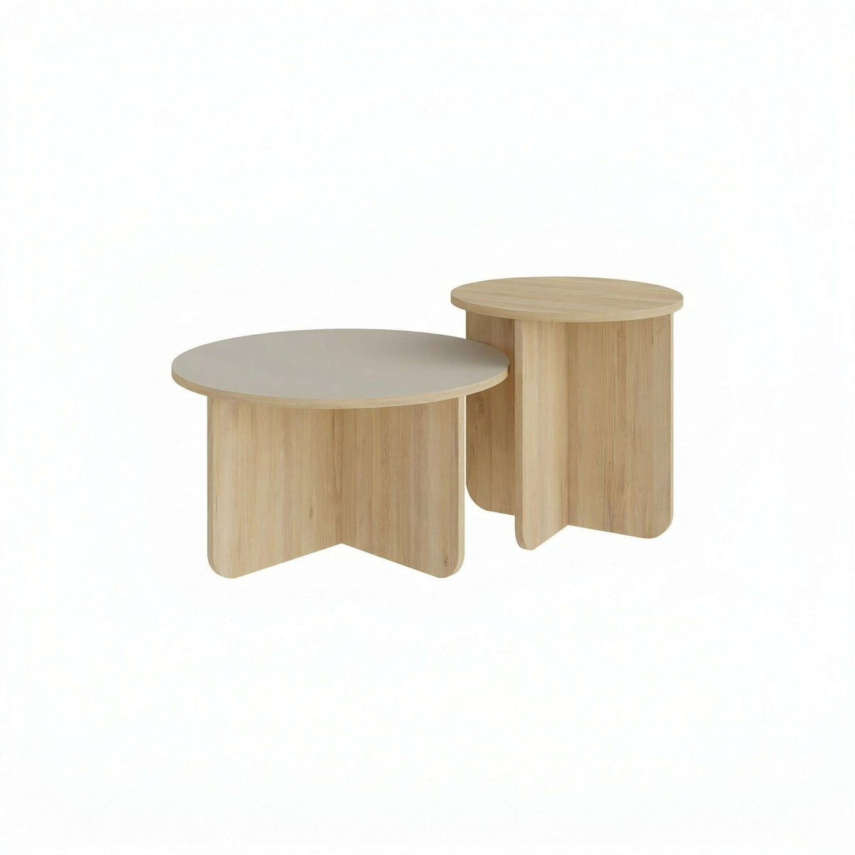 Light oak two-piece round nesting coffee table set, angled view on white background