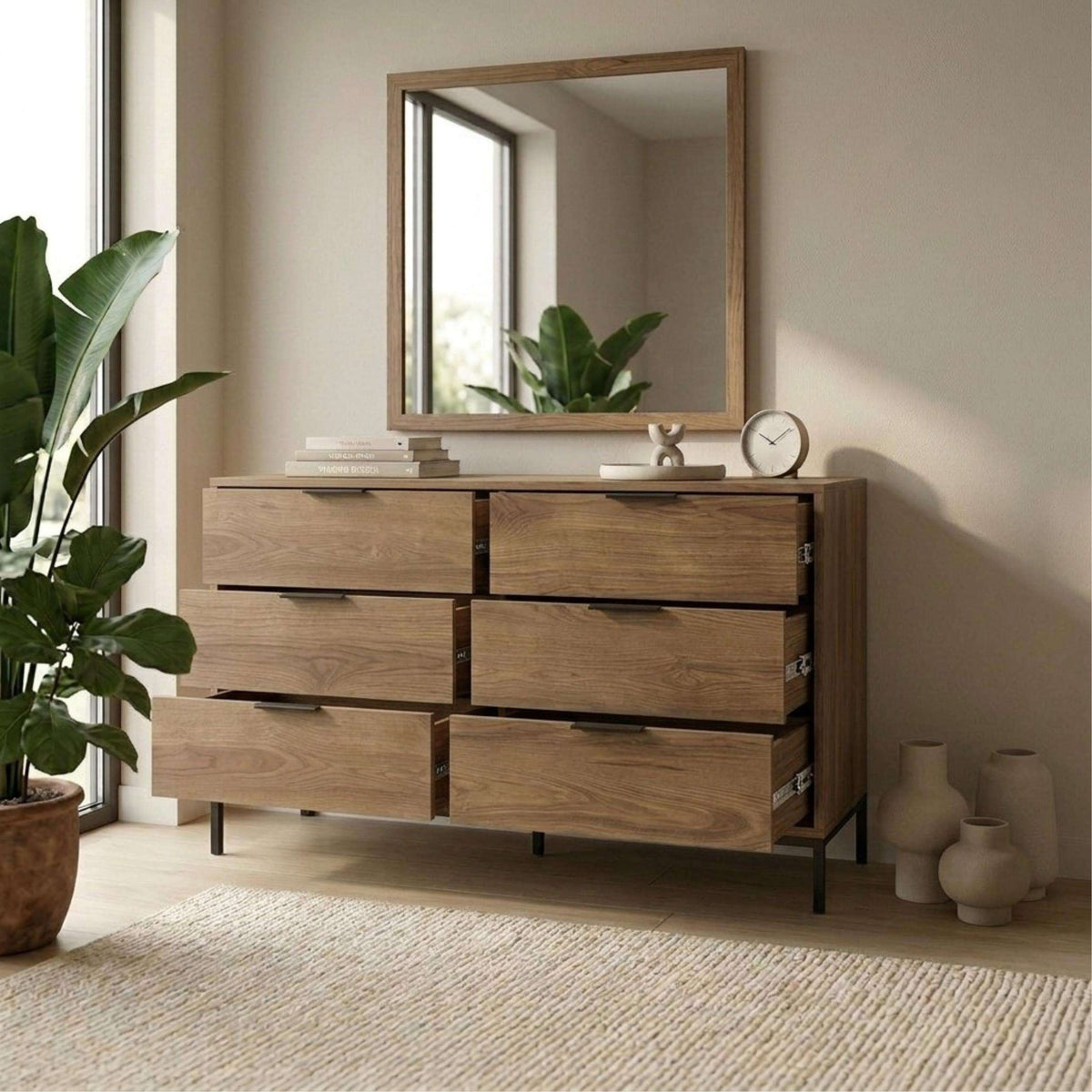 Whiskey oak 6-drawer wide chest with dark handles and tapered legs