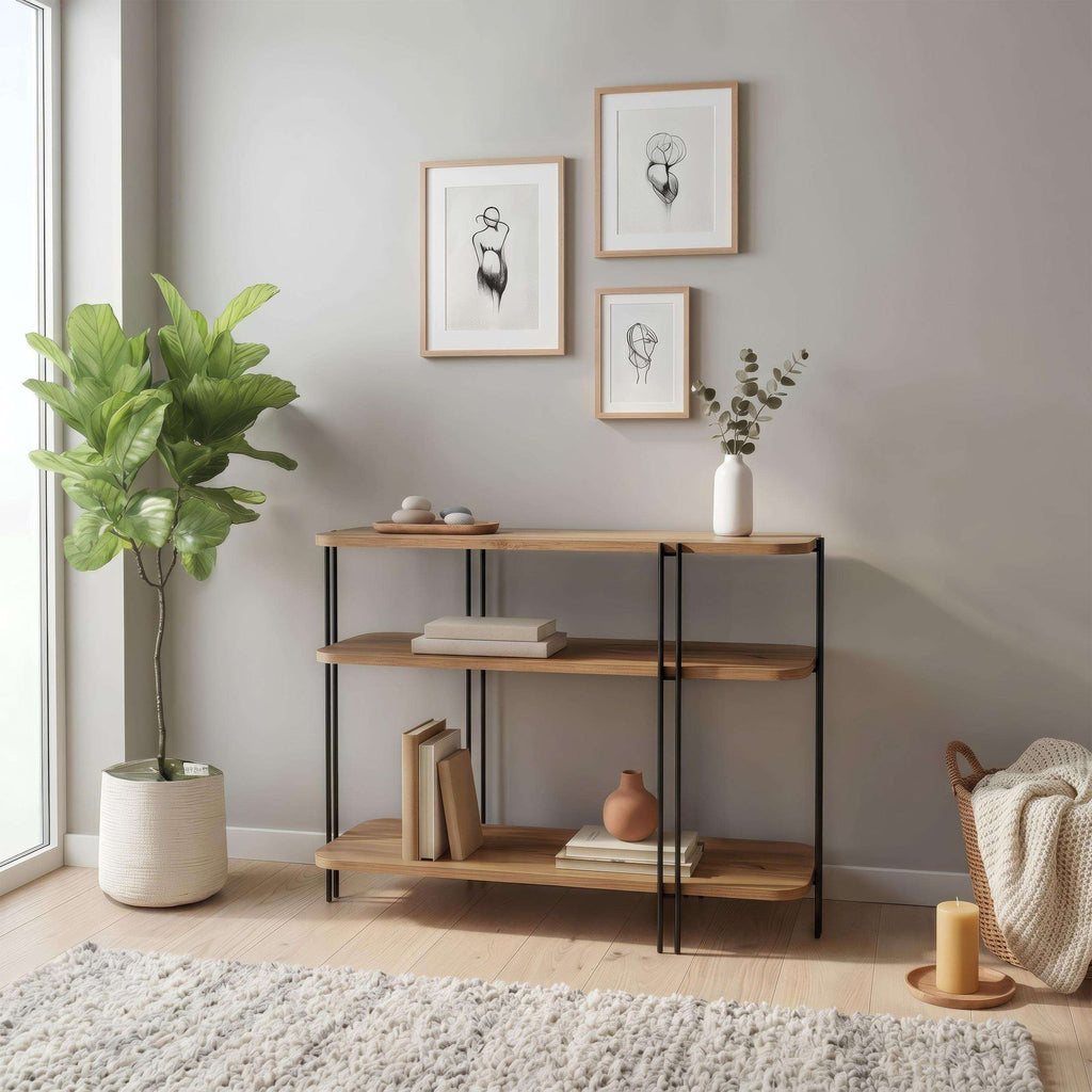 Console table with shelves, oak wood top and black metal frame