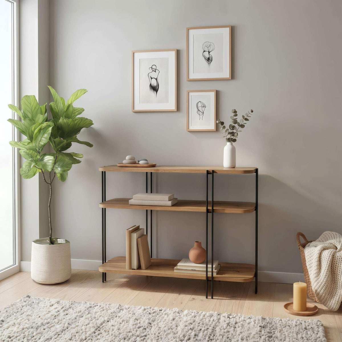 Console table with shelves, oak wood top and black metal frame