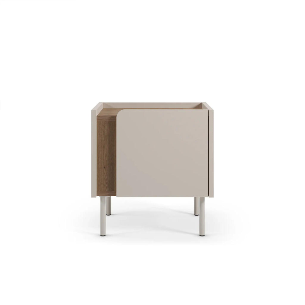Modern bedside table with soft-close door storage, wood side panels, white front panel