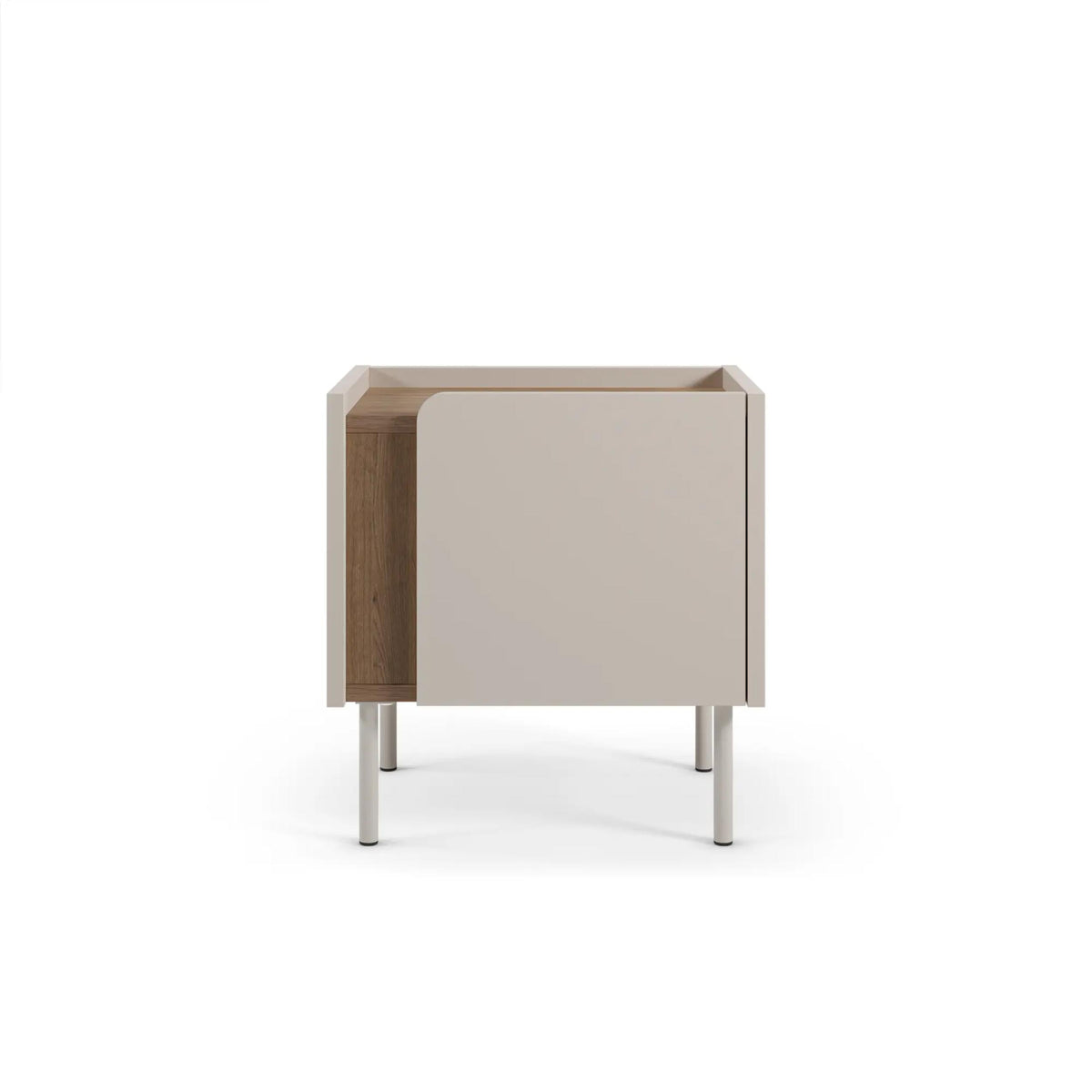 Modern bedside table with soft-close door storage, wood side panels, white front panel