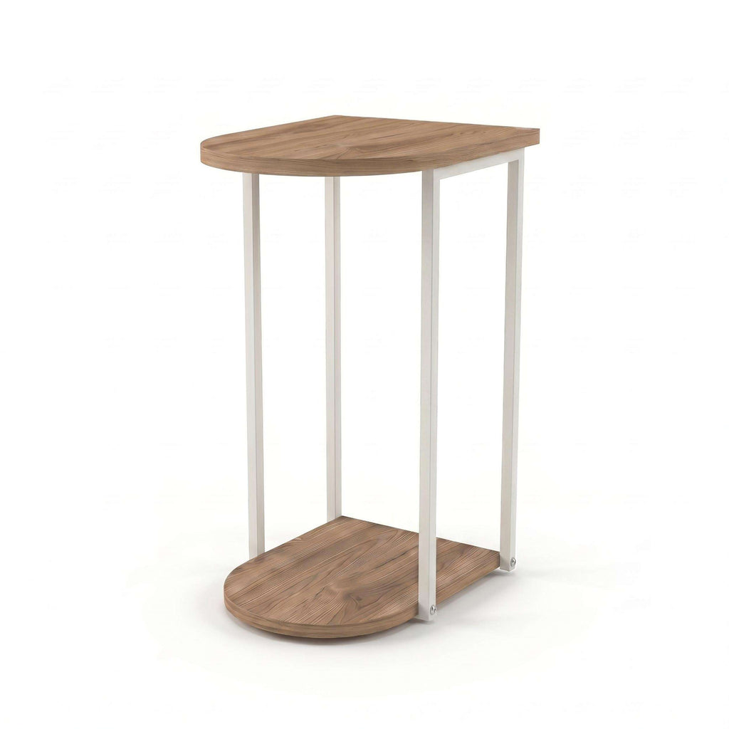 C-shaped side table with round top and curved bottom shelf, light frame, wood tone finish