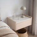Floating bedside table with drawer and top shelf, light oak with white top