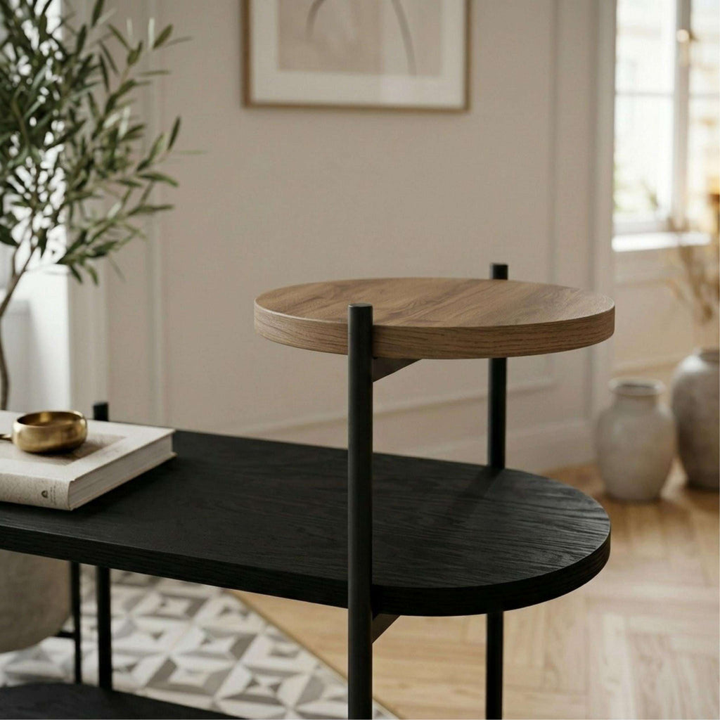 Wood 3-tier display side table with black metal frame and three round shelves