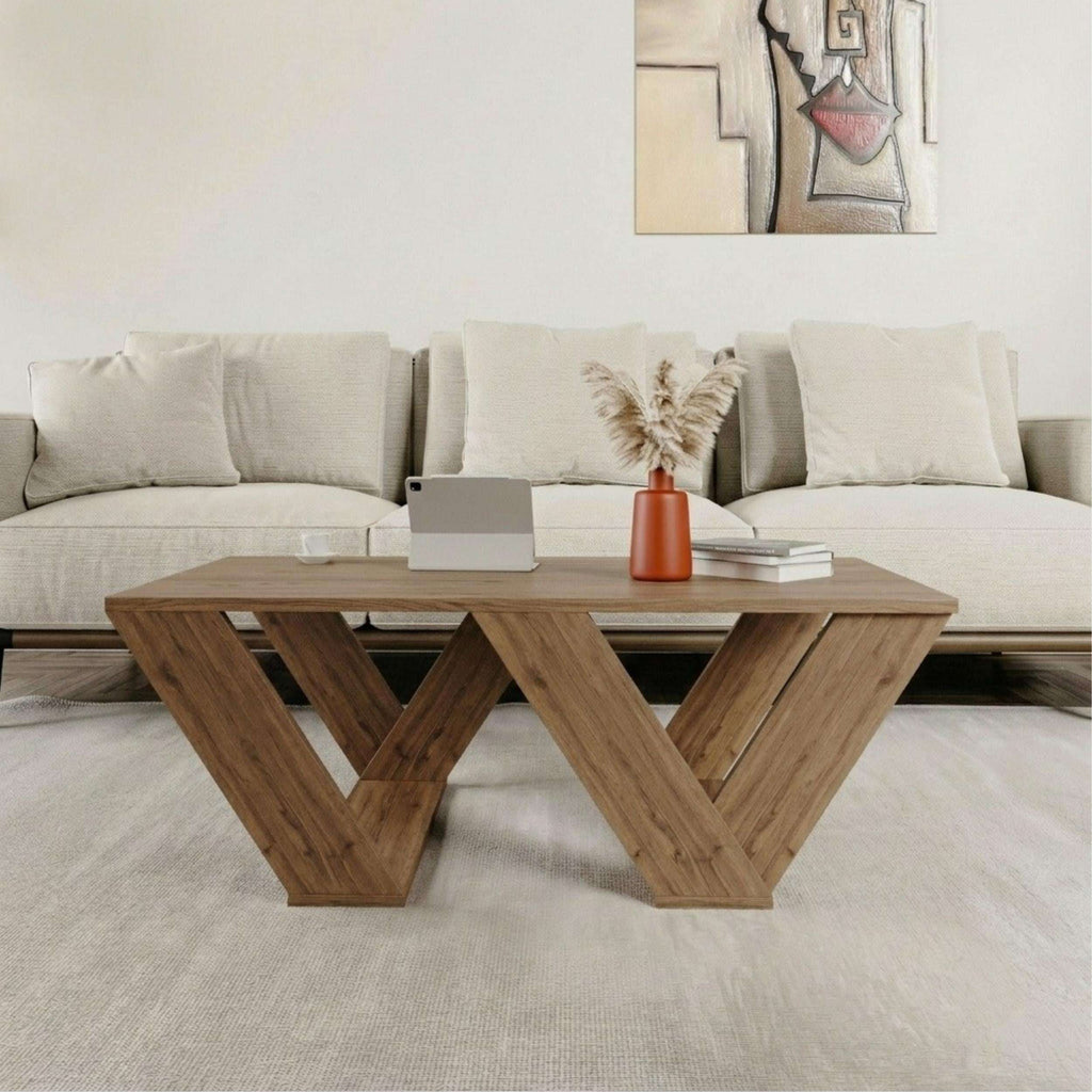 Oak multipurpose coffee table with geometric X-leg design