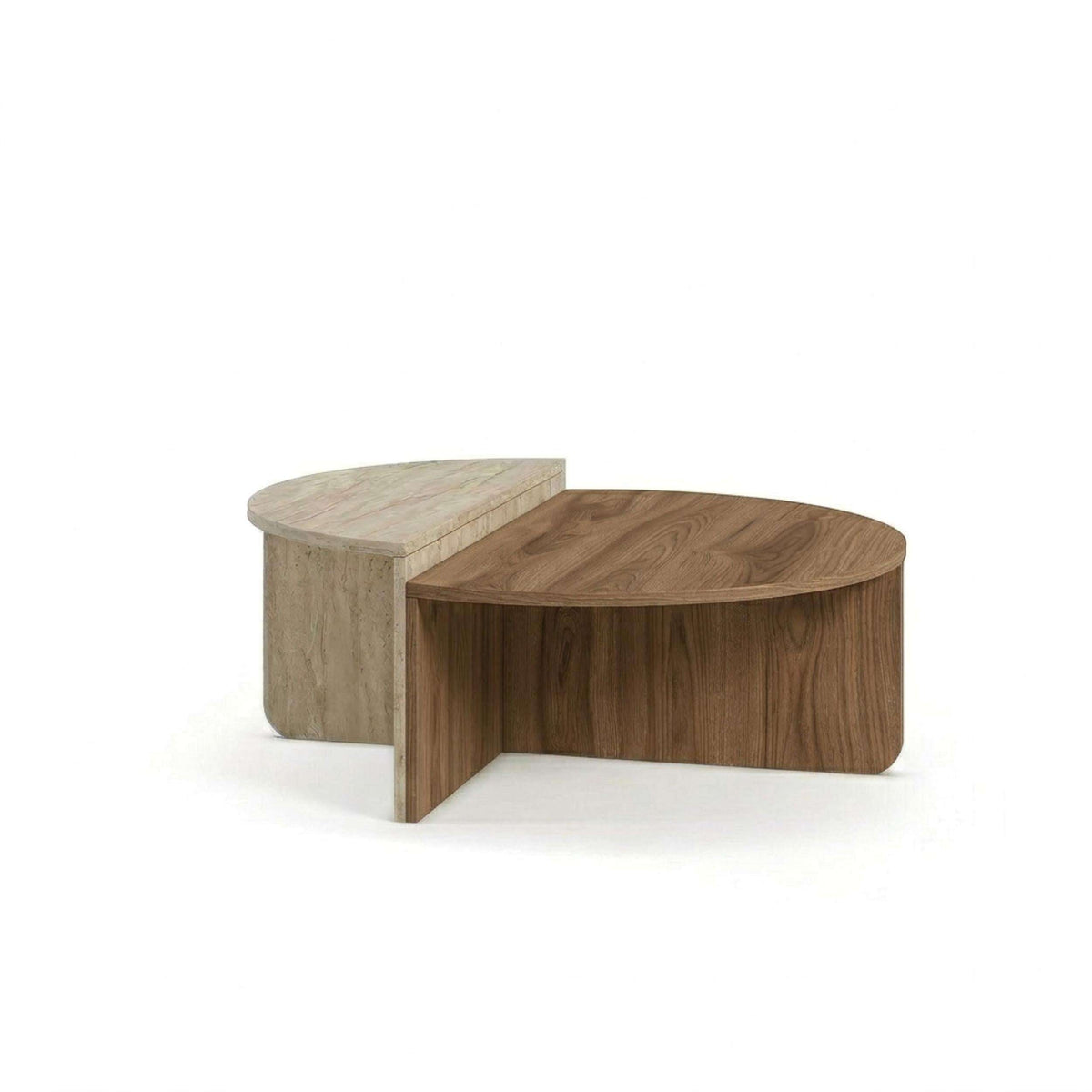 Modern round coffee table with travertine side section and deep oud wood tabletop