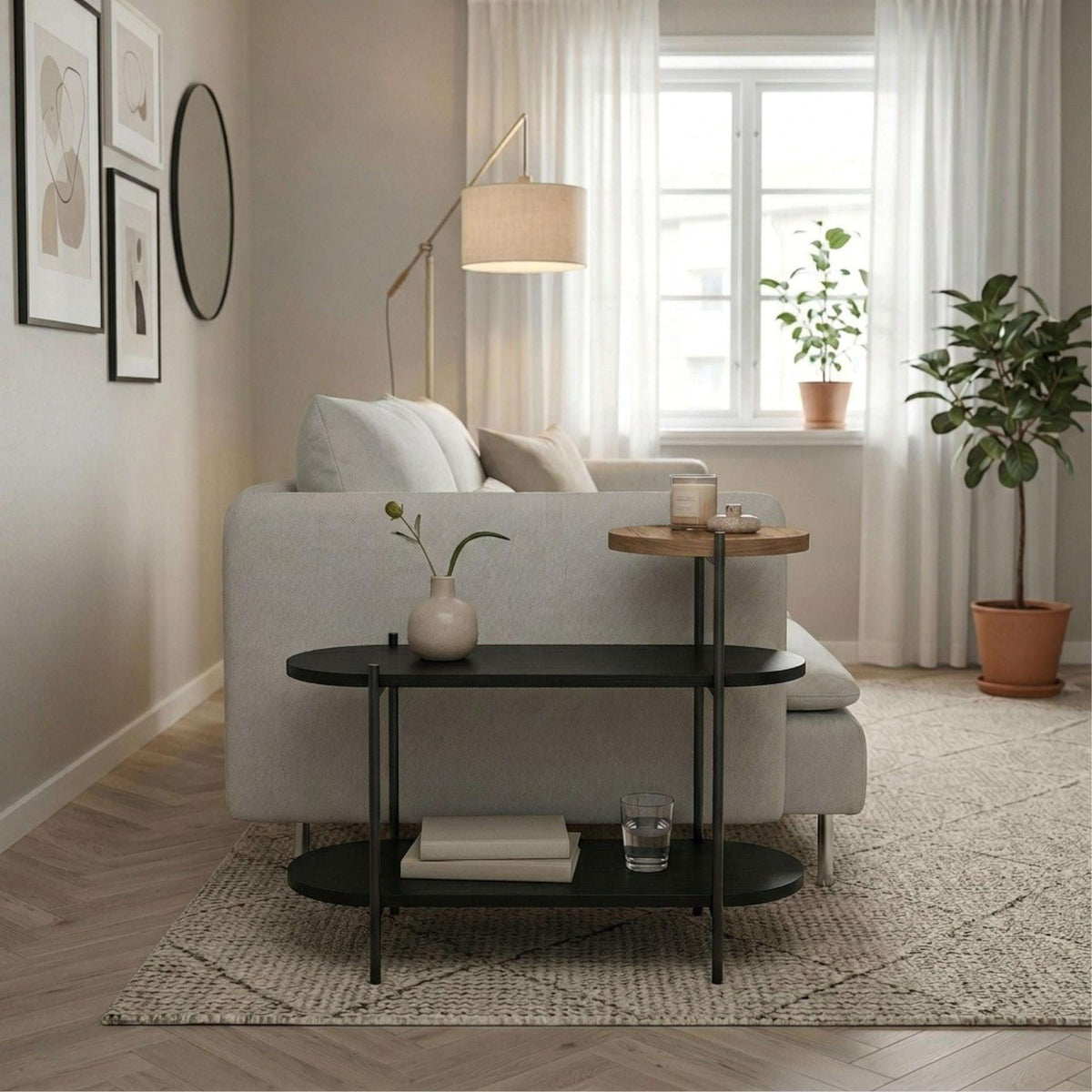 3-tier display side table with dark wood top, black frame, and three round shelves