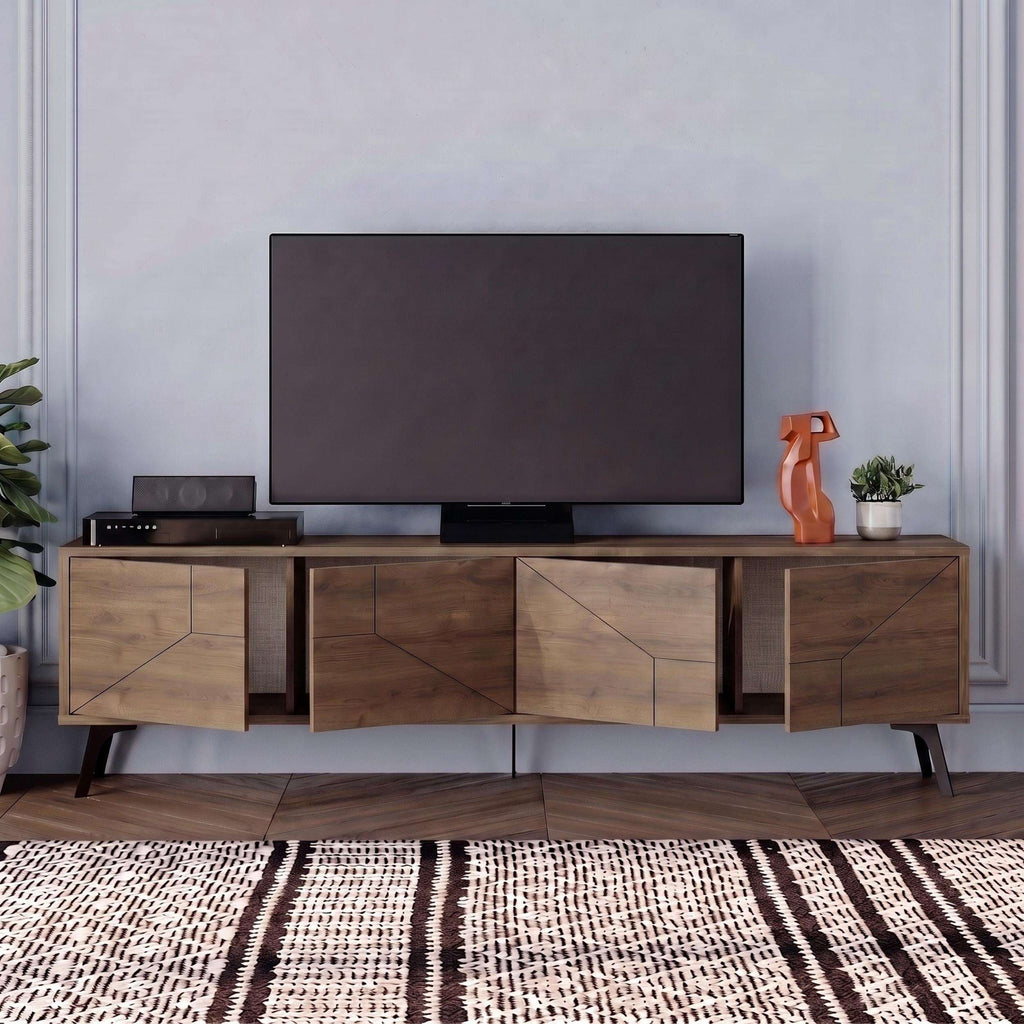 Wood modern TV stand with storage cabinet and TV console with geometric fronts