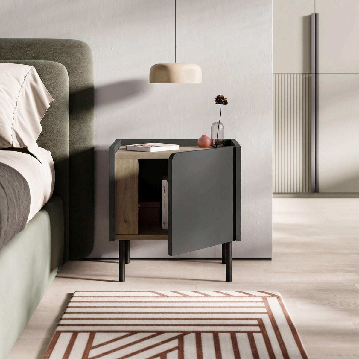 Modern bedside table with open soft-close door, dark gray cabinet, black metal legs