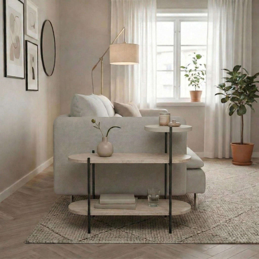 3-tier display side table with light round top, black frame, and three round shelves