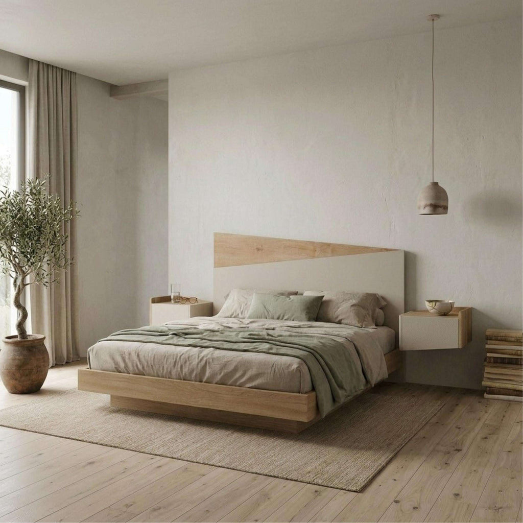 Wall-mounted headboard in light oak with sandstone panel for king size bed