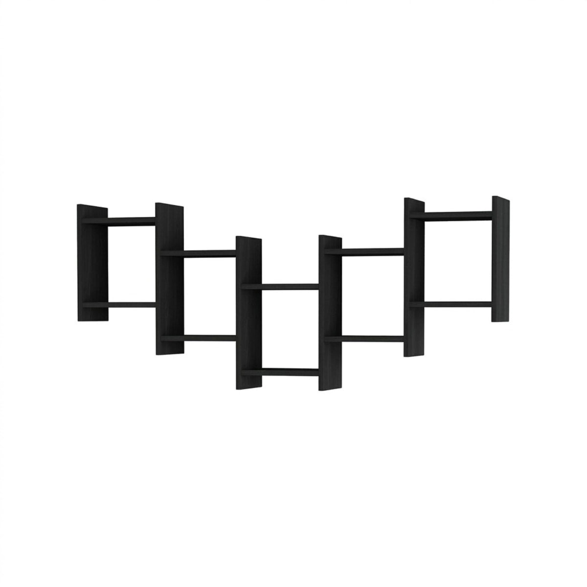Floating wall shelf arrangement with open square compartments, black finish