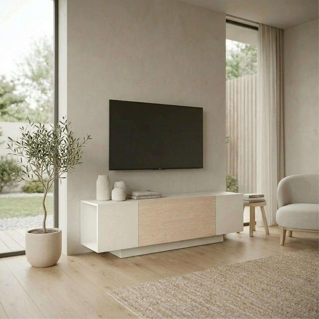 Sandstone and oak TV unit with white cabinet and centered media shelf