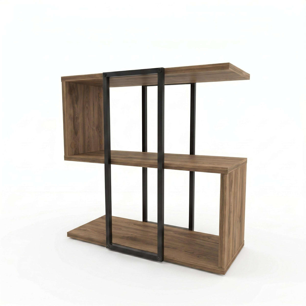Stepped side table with open shelves, warm wood panels and black metal frame