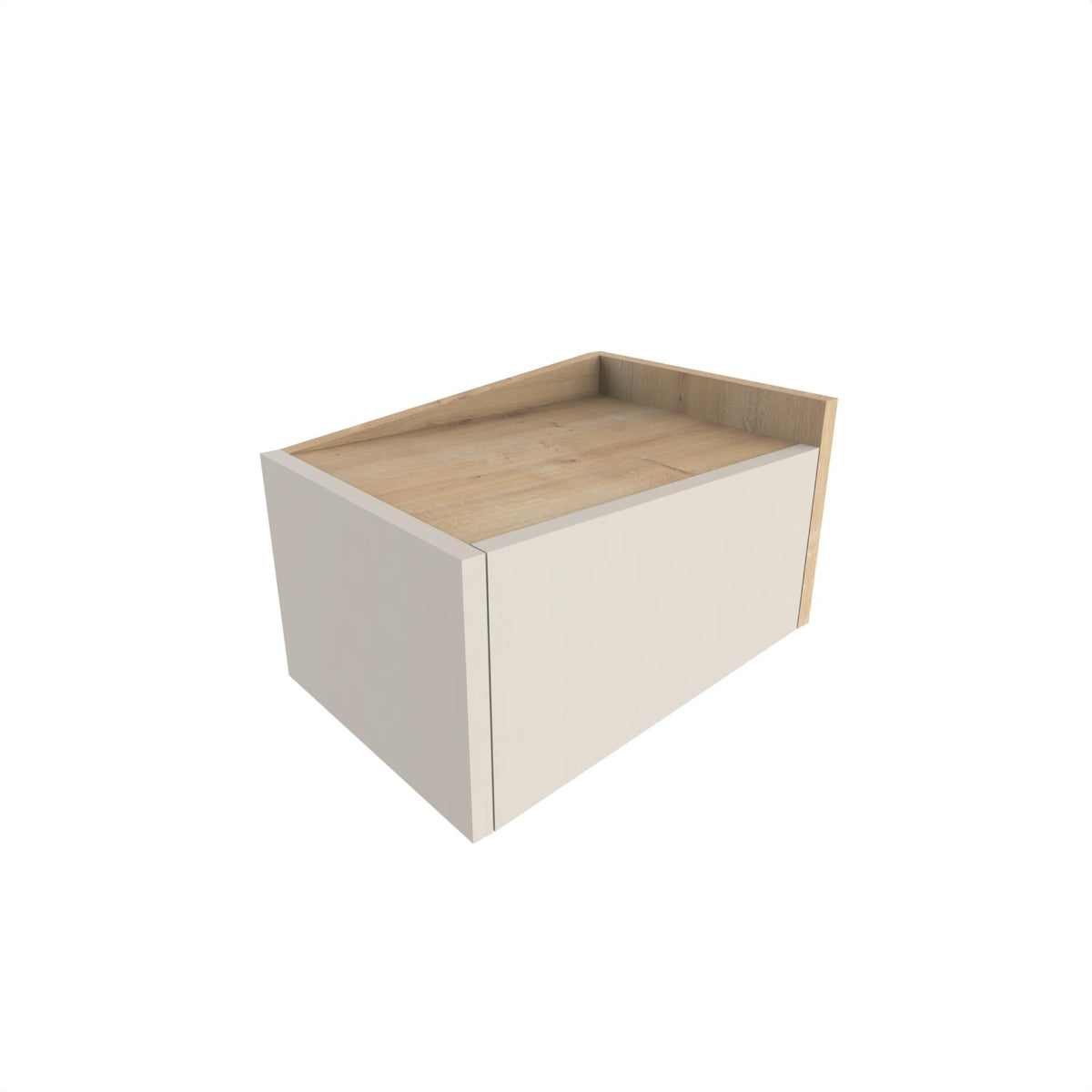 Floating bedside table with drawer and open top shelf, light oak and white