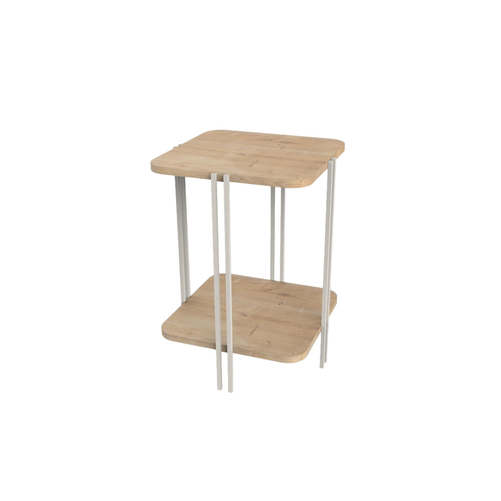 Light wood 2-tier side table with white metal legs and a lower shelf.