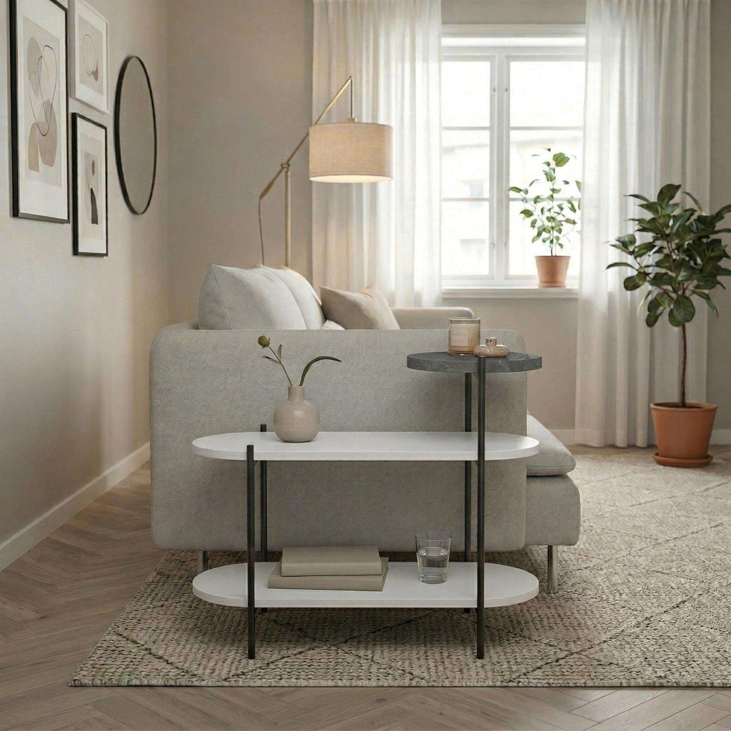 3-tier display side table with gray round top, black frame, and three round shelves