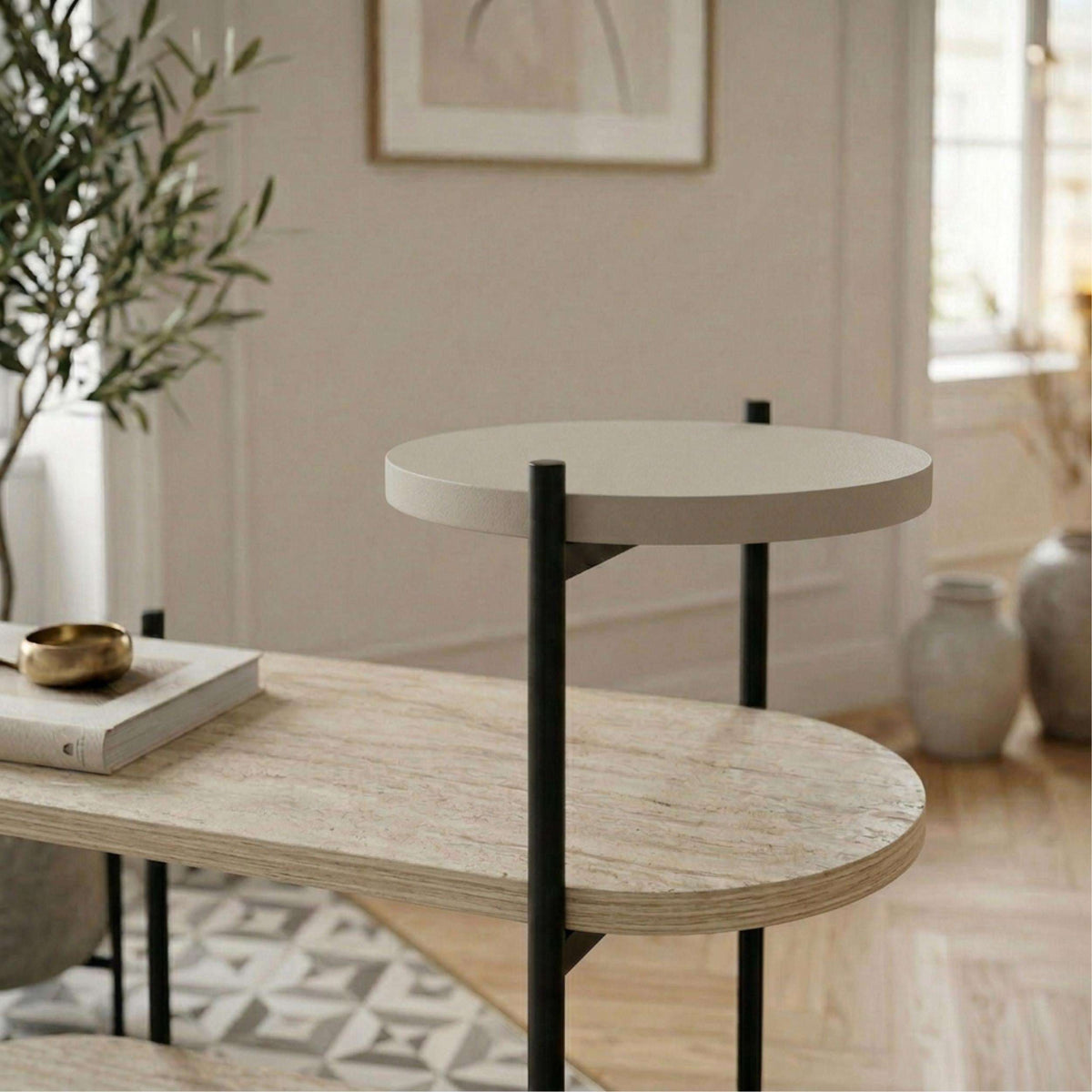 Cream 3-tier display side table with black metal legs and three round shelves
