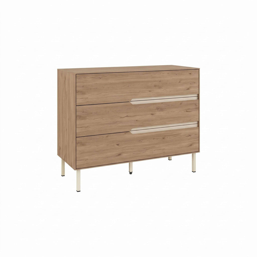 Modern light wood chest of drawers with three drawers and long white bar handles