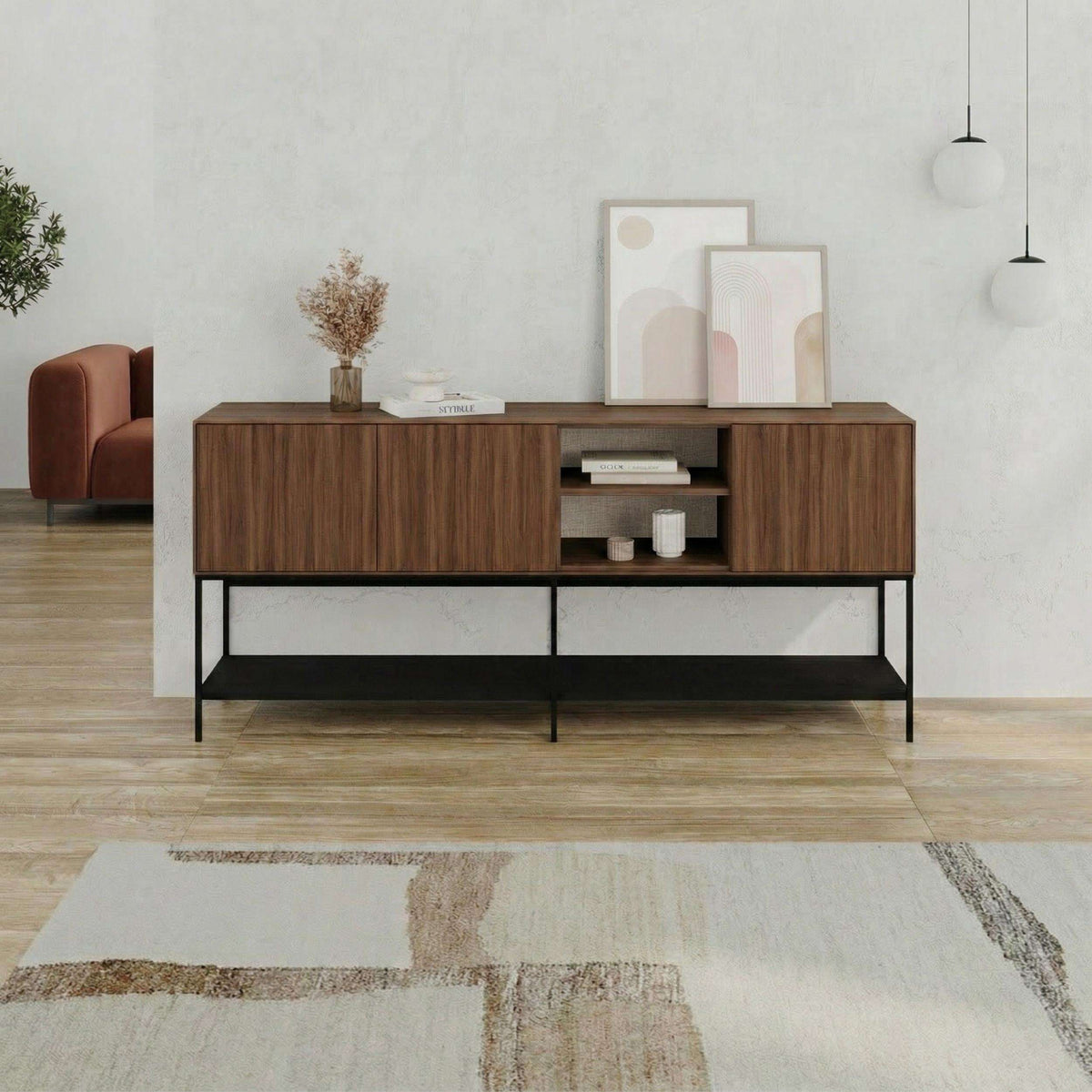 Modern sideboard with warm wood panels, black metal legs, and open shelves in center.