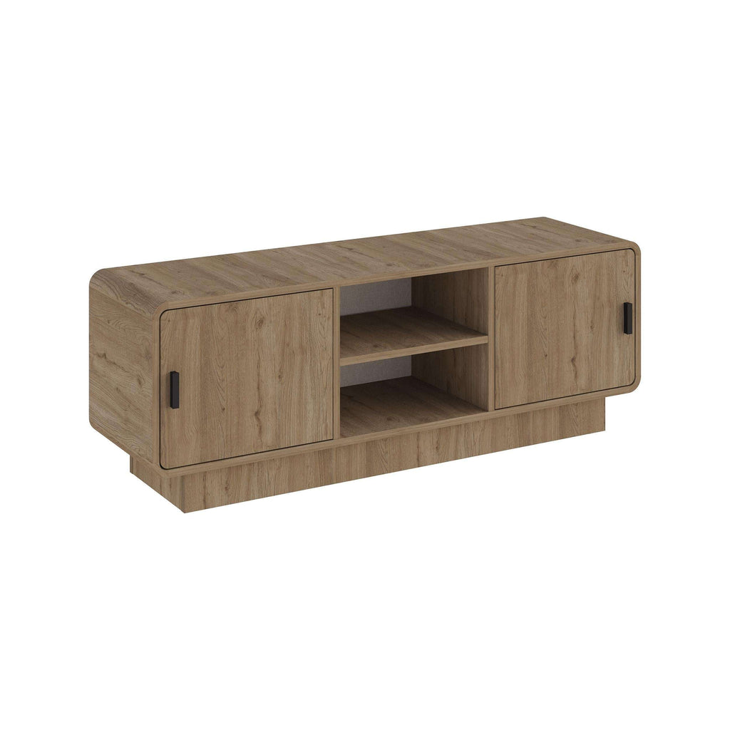 Wood TV stand with two-door storage and open center shelf, natural oak finish