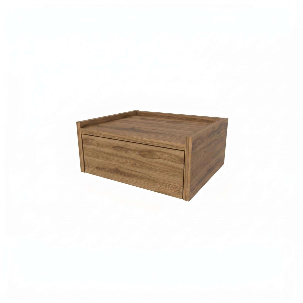 Floating bedside table with drawer and top shelf, warm wood finish, studio view