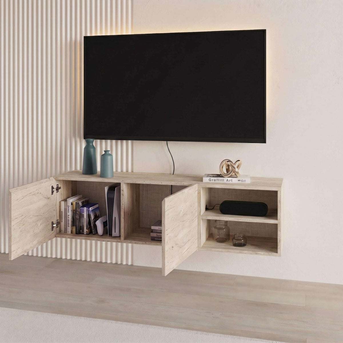 Wall-mounted TV unit with stone-effect finish, side cabinets, and open media shelves