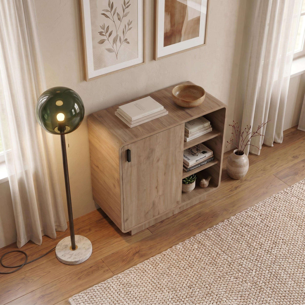 Natural oak sideboard cabinet with open shelves and swing door in front