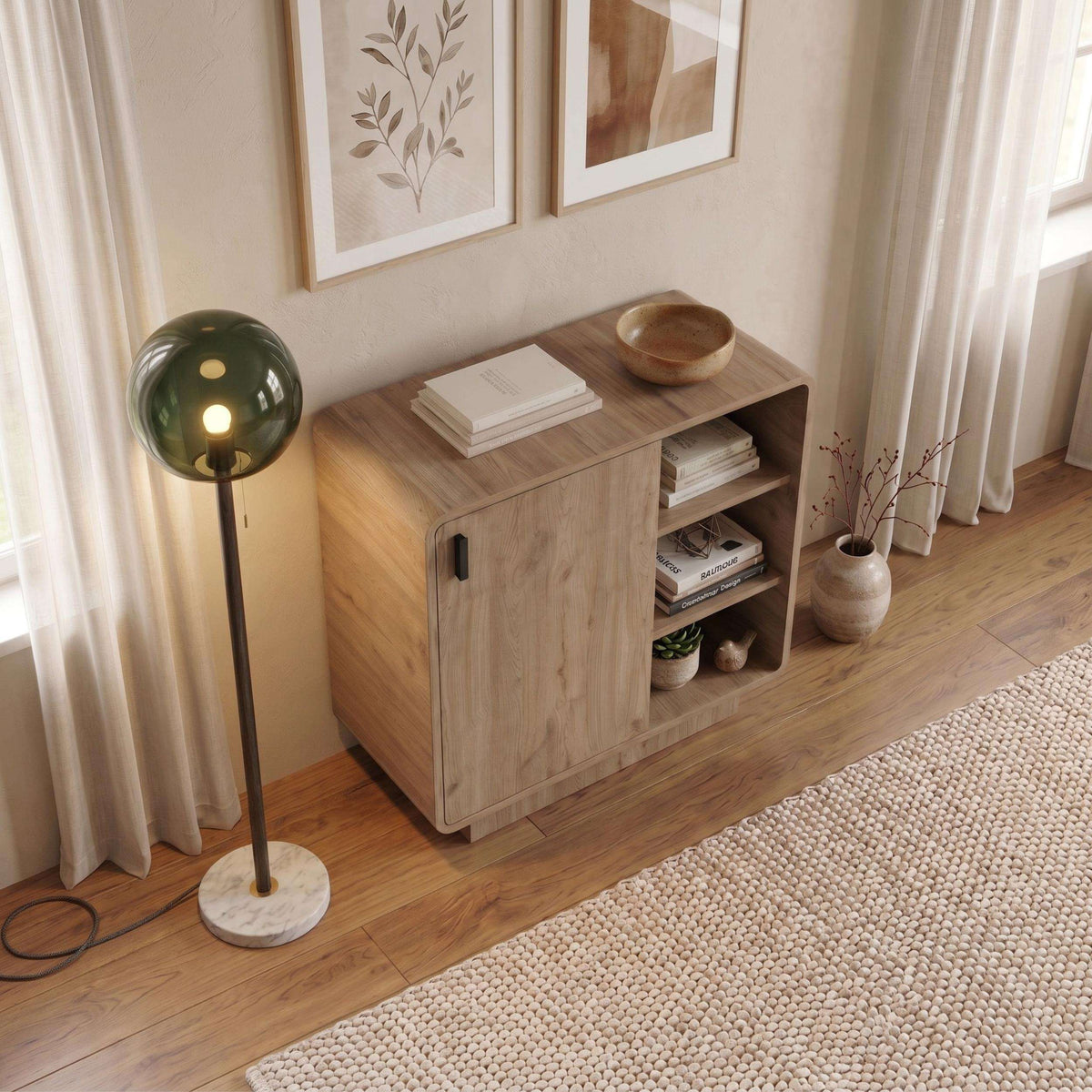 Natural oak sideboard cabinet with open shelves and swing door in front